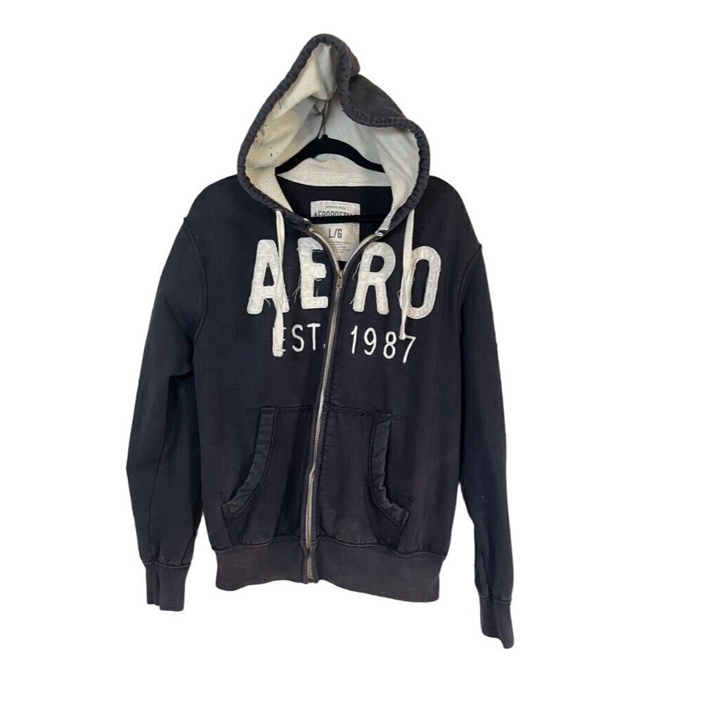 Aeropostale Sweatshirt L Blue Hoodie Distressed Full Zip Faded 80s Y2K Preppy